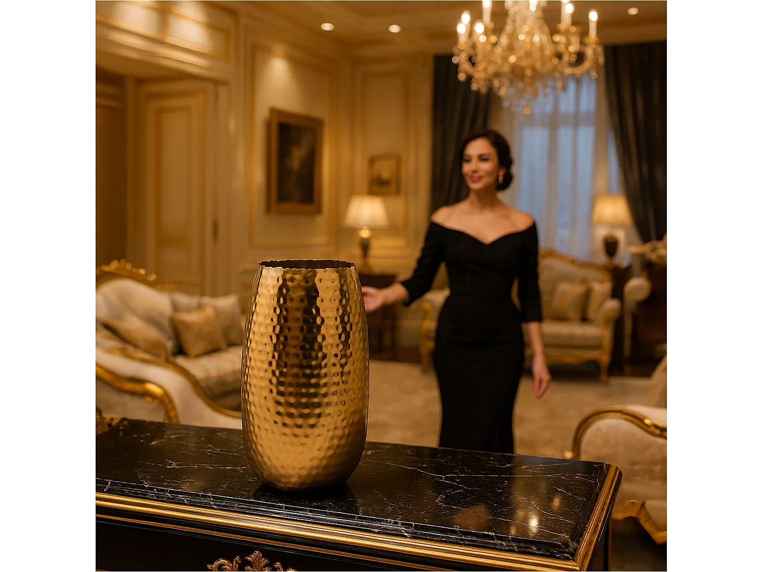 Vaso decorativo in metallo martellato oro opaco 18x18x29,5 cm