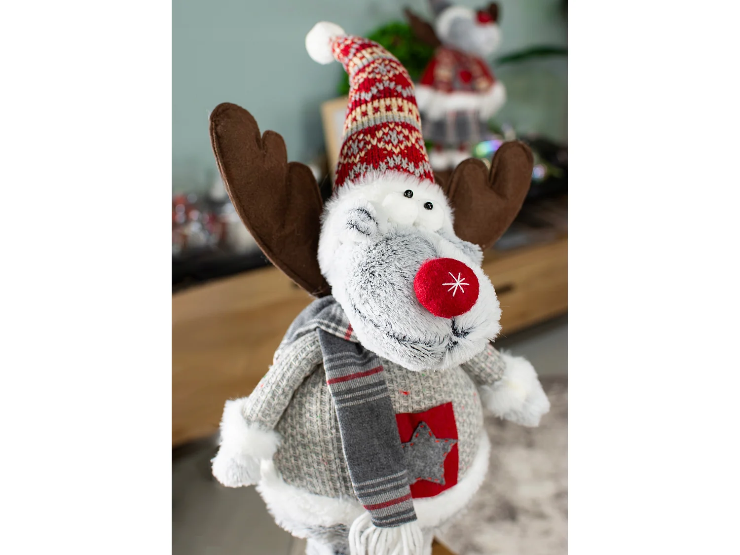 Kerstdecoratie rendier groot wol grijs 43-60x21 cm