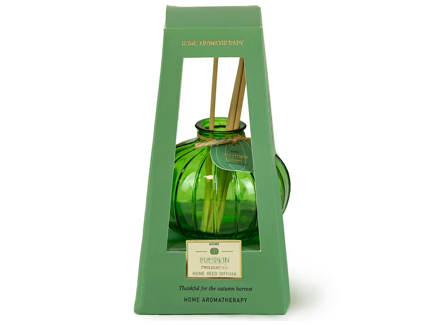 Geurdiffuser met stokjes pompoen glas groen 11x9 cm
