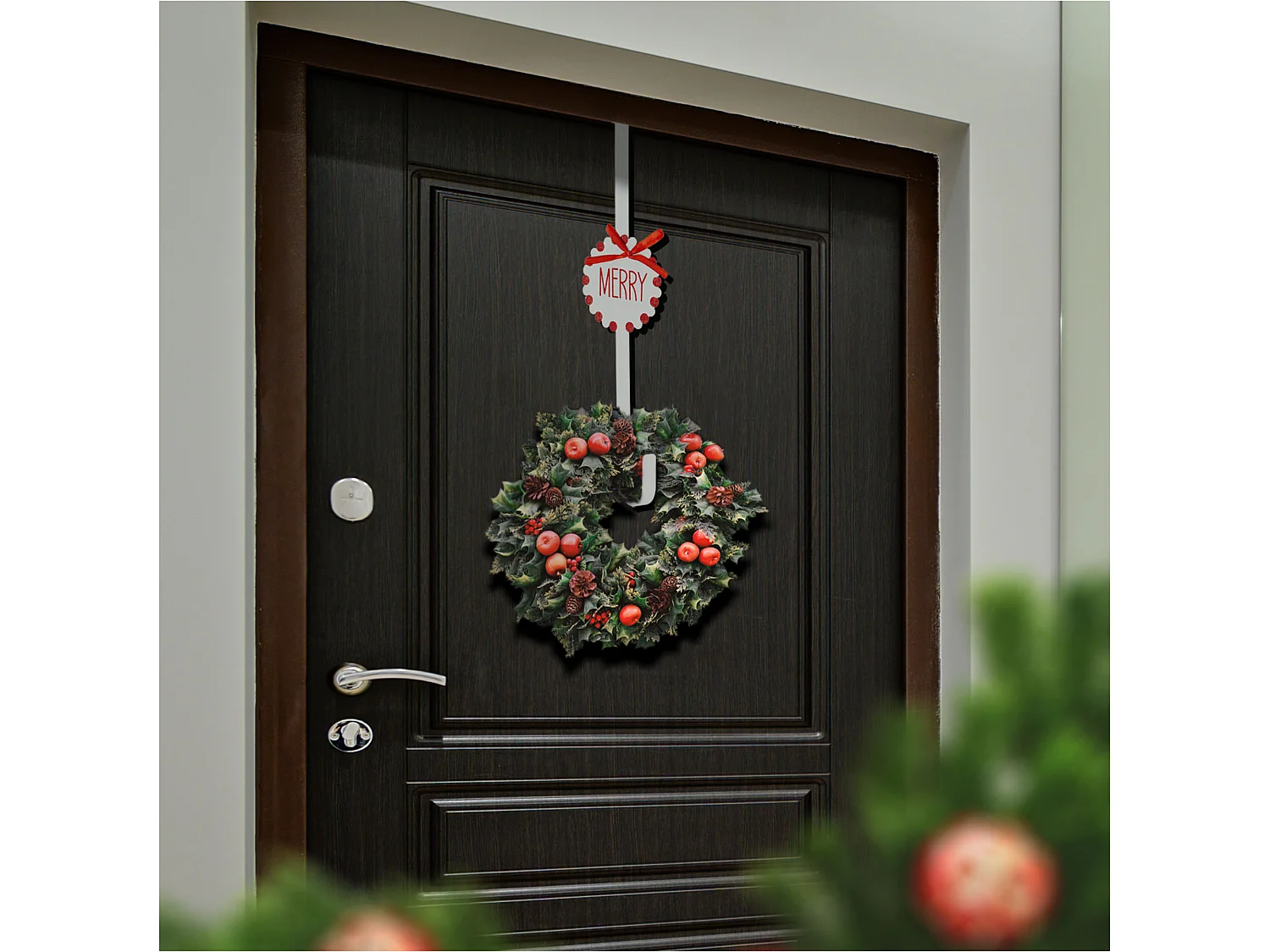 Crochet de porte pour couronne décorative en métal blanc avec nœud 37,5 cm x 1,5 cm