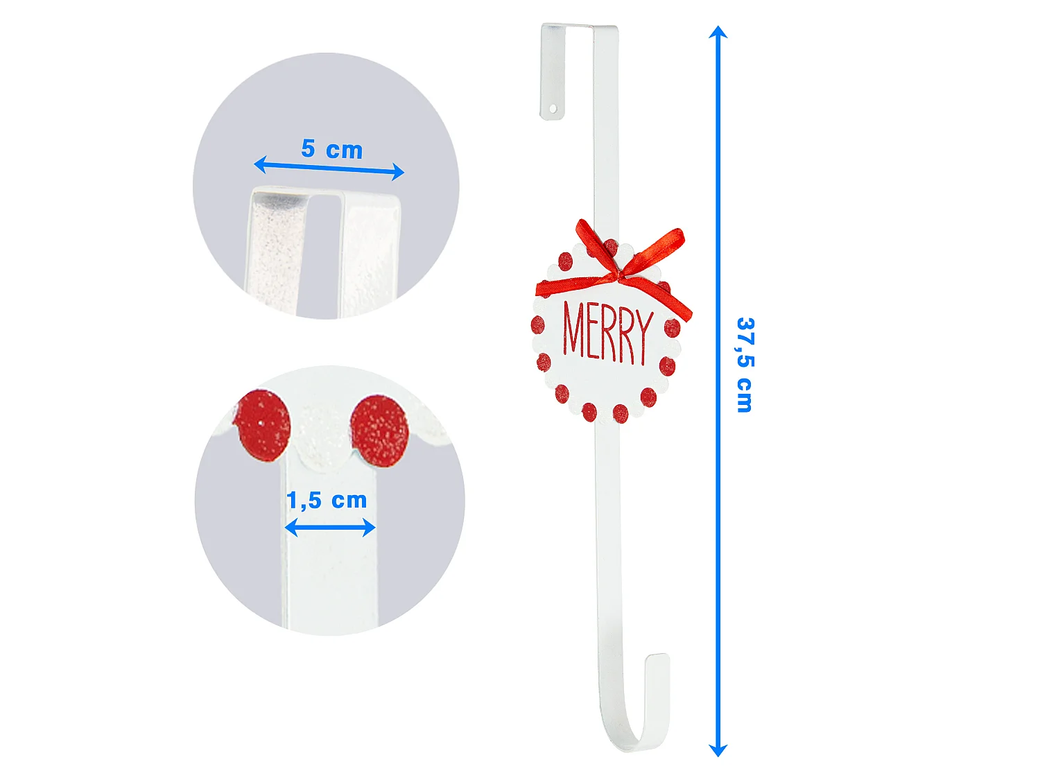 Crochet de porte pour couronne décorative en métal blanc avec nœud 37,5 cm x 1,5 cm