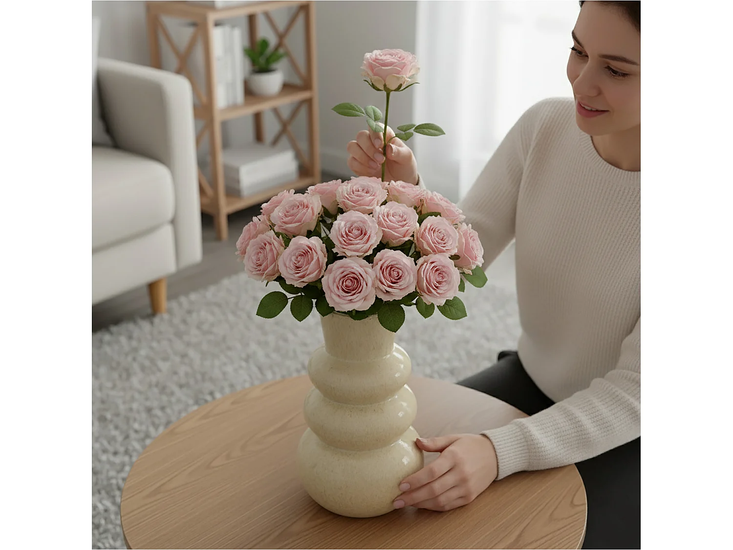 Vaso decorativo in ceramica per fiori, design moderno, crema, 13x25 cm