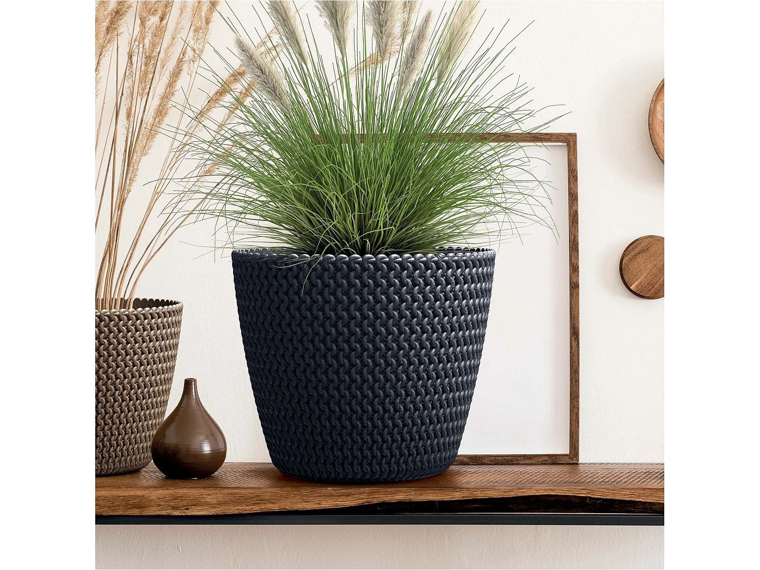 Cache-pot décoratif effet bois plastique anthracite 25,9x22 cm