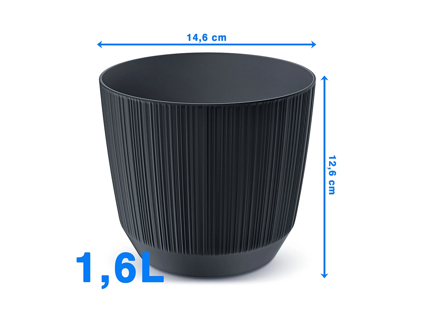 Pot de fleurs décoratif rainuré plastique anthracite 14,6 cm, 1,6 L