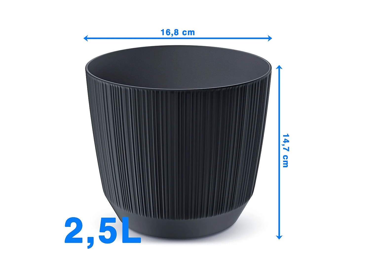 Cache-pot décoratif rainuré en plastique anthracite 16,8 cm, 2,5 L