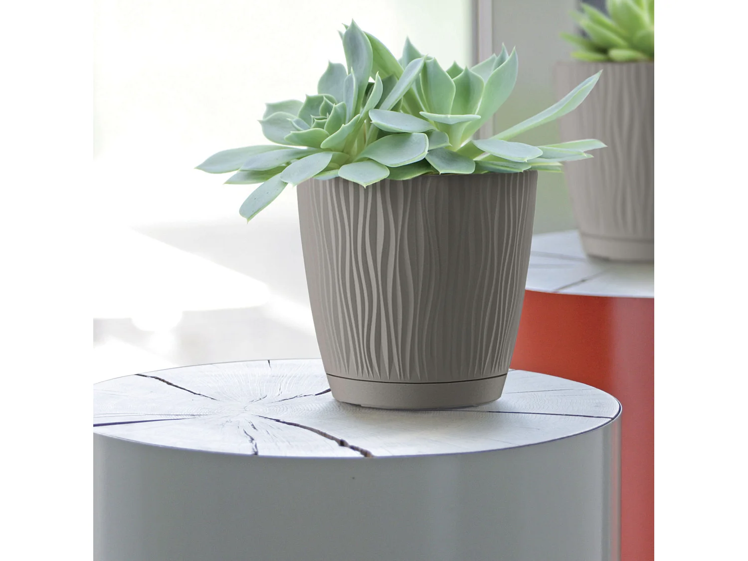 Pot de fleurs décoratif rond avec soucoupe Sandy P en plastique mocca 23,9 cm