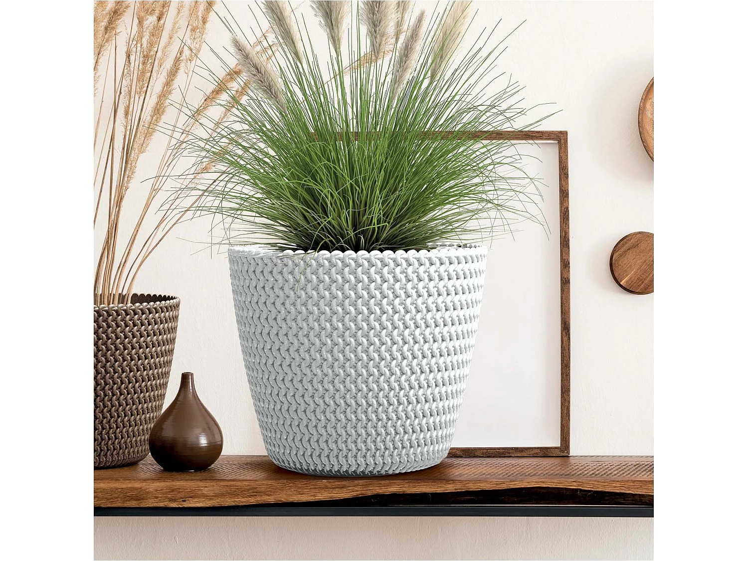 Cache-pot décoratif effet tricot bois naturel blanc 21,8 cm