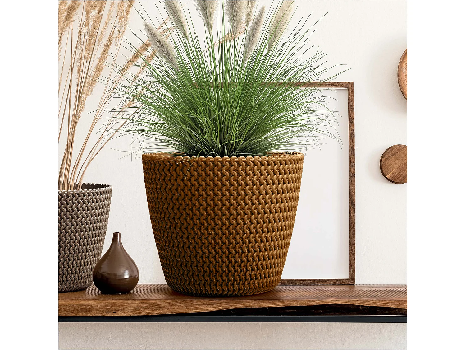 Decoratieve bloempot hoes Eco Wood kunststof hout bruin 18,7 cm