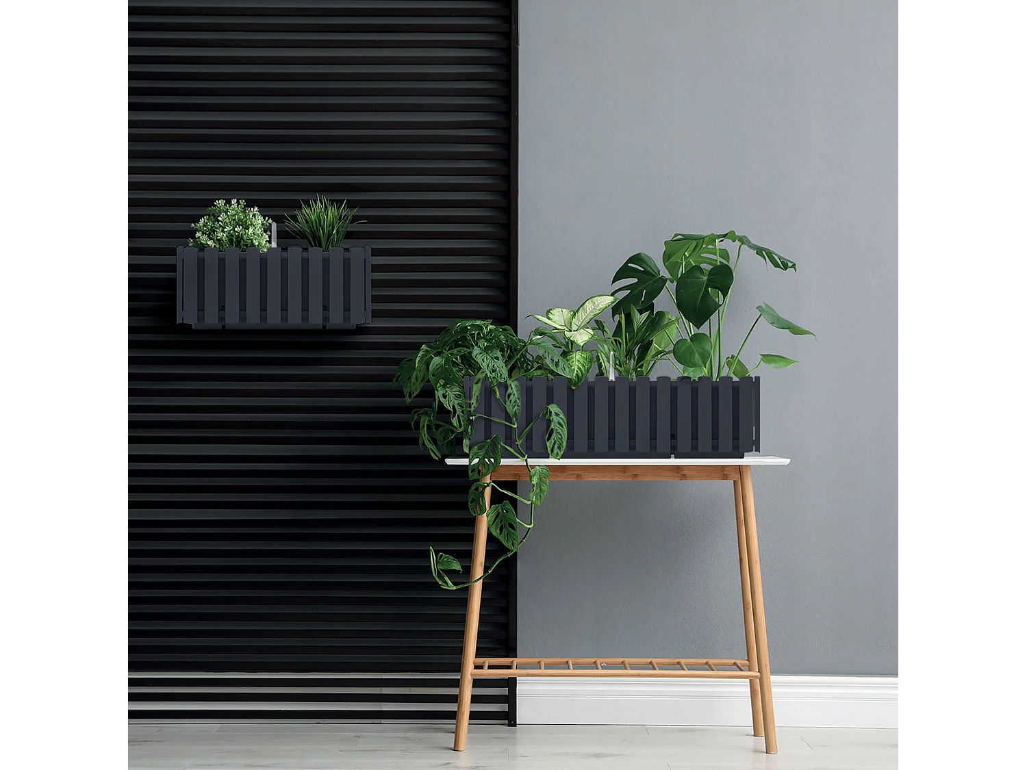 Jardinière de balcon décorative effet bois plastique anthracite 38x18x16,2 cm