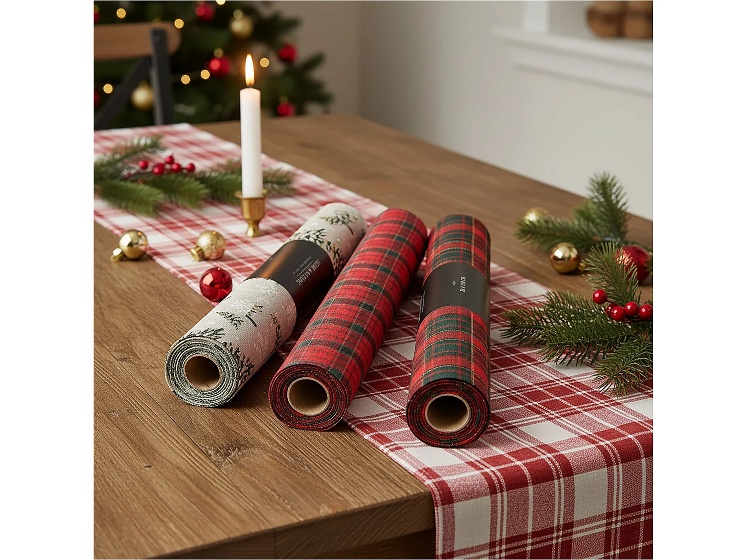 Runner da tavola natalizio in poliestere con lurex a quadri rosso 270x28 cm