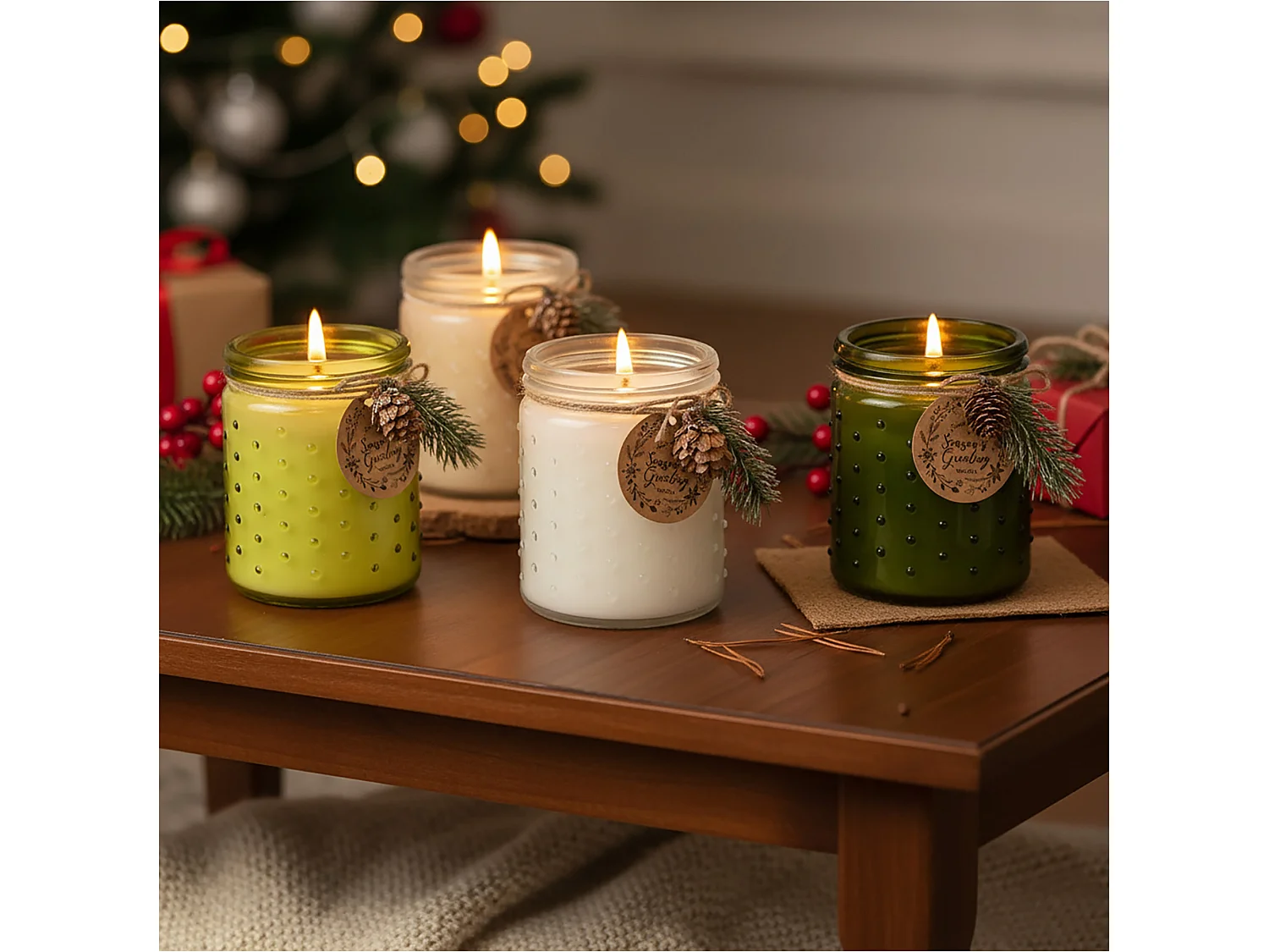 Bougie de Noël décorative en verre, parfum vanille, vert citron, 12,5x10 cm