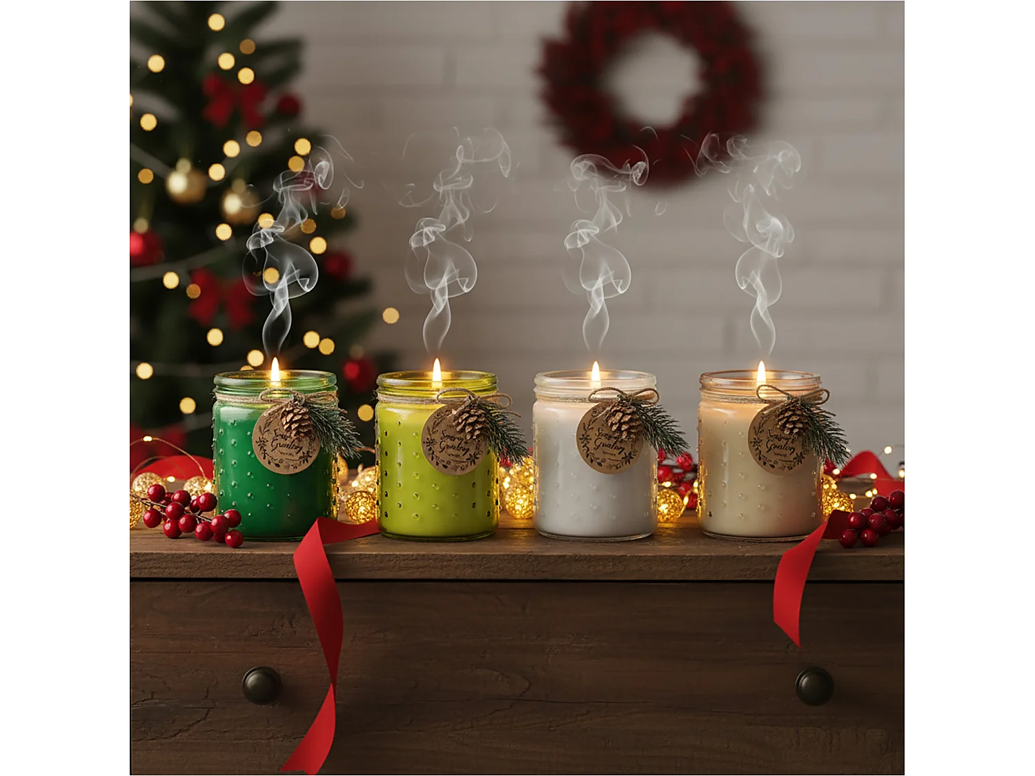 Bougie de Noël décorative en verre, parfum vanille, vert citron, 12,5x10 cm