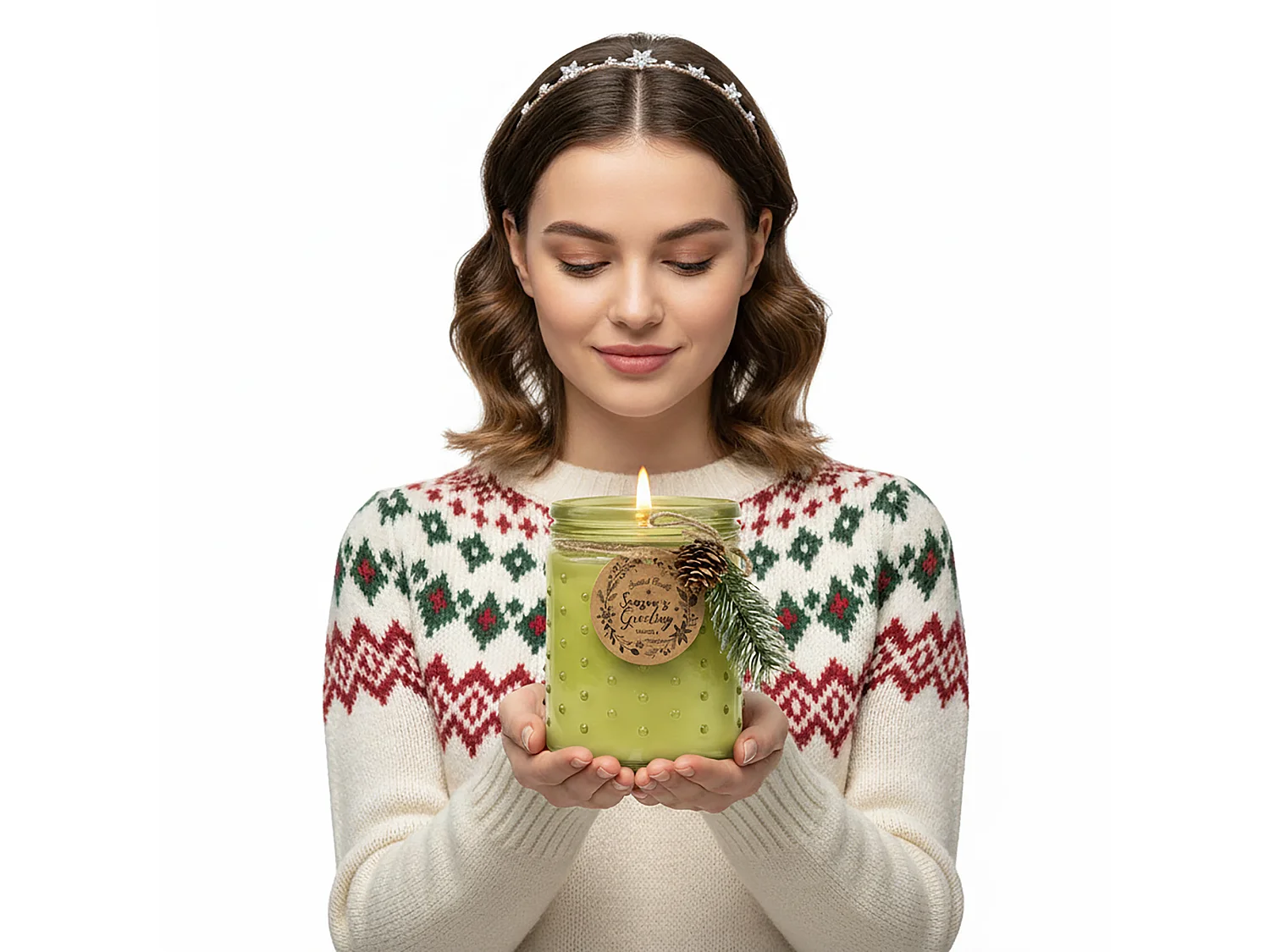 Bougie de Noël décorative en verre, parfum vanille, vert citron, 12,5x10 cm