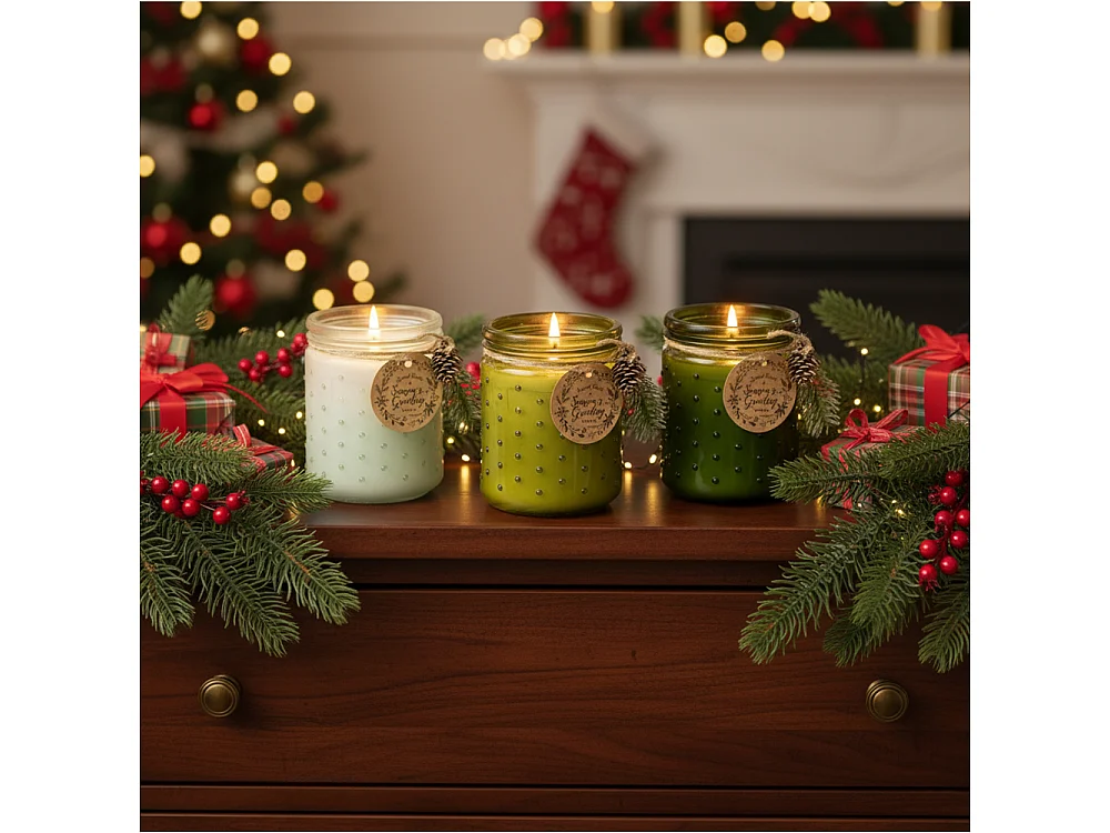 Bougie de Noël décorative en verre, parfum vanille, vert citron, 12,5x10 cm