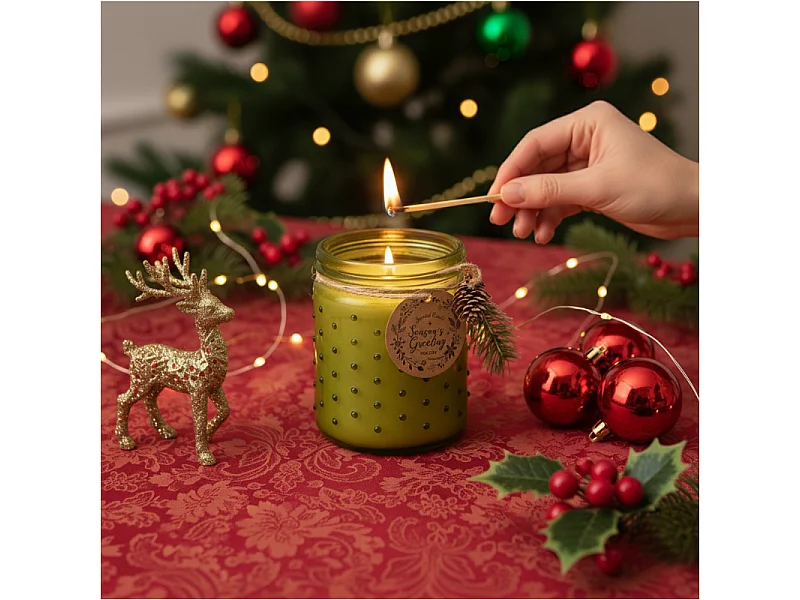 Bougie de Noël décorative en verre, parfum vanille, vert citron, 12,5x10 cm
