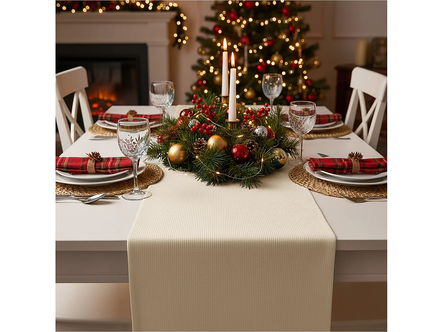Chemin de table de Noël décoratif en polyester beige 200x28 cm