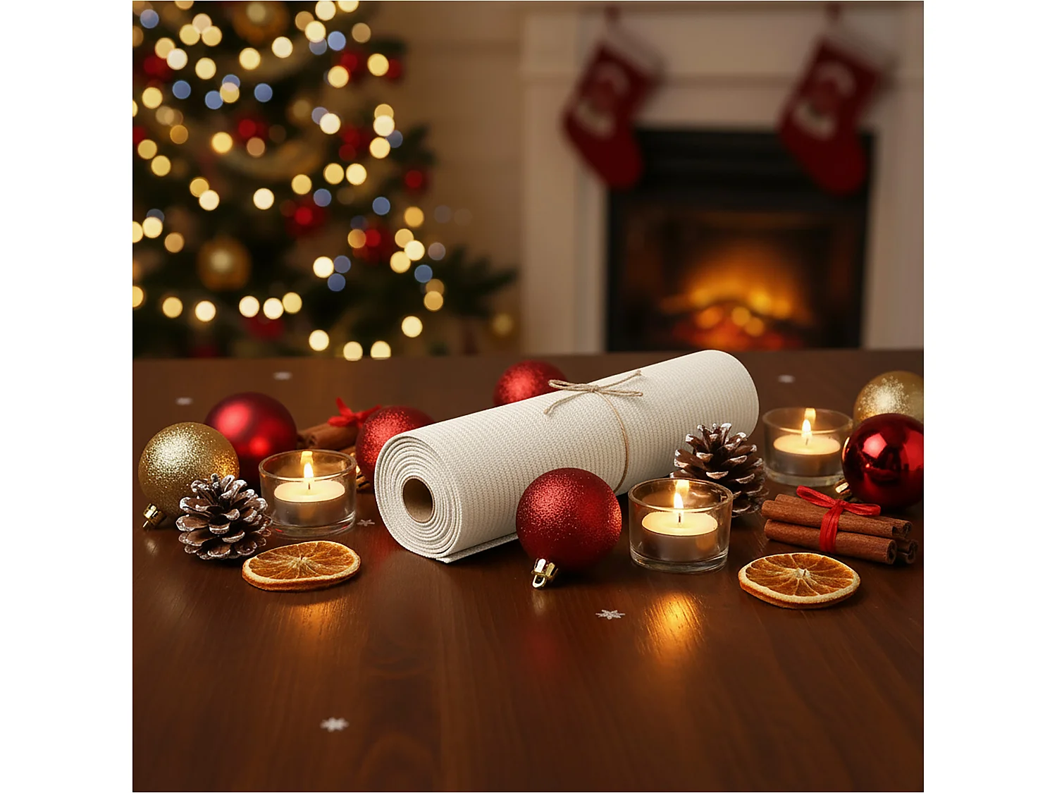 Chemin de table de Noël décoratif en polyester beige 200x28 cm