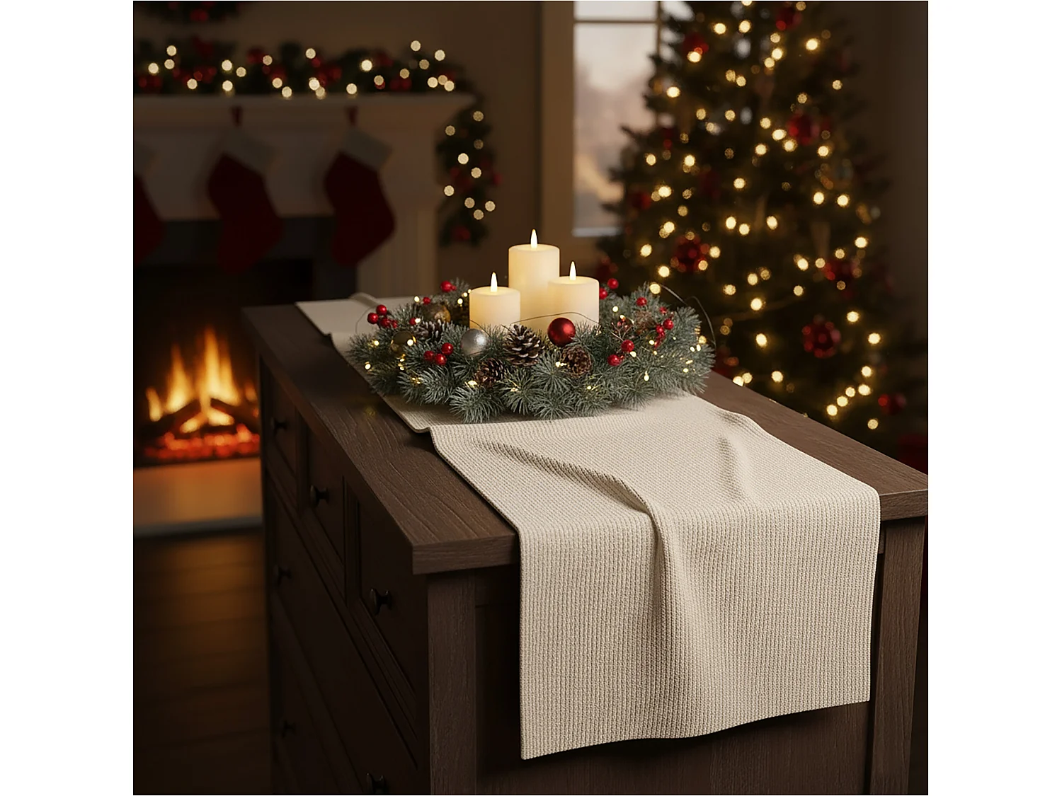 Chemin de table de Noël décoratif en polyester beige 200x28 cm