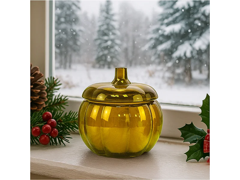 Bougie décorative Halloween en verre citrouille jaune 11,5 cm
