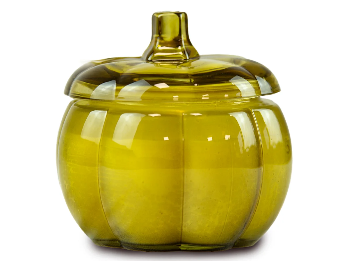 Bougie décorative Halloween en verre citrouille jaune 11,5 cm
