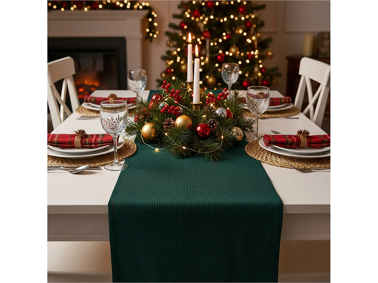 Chemin de table de Noël rayé en polyester vert 200x28 cm