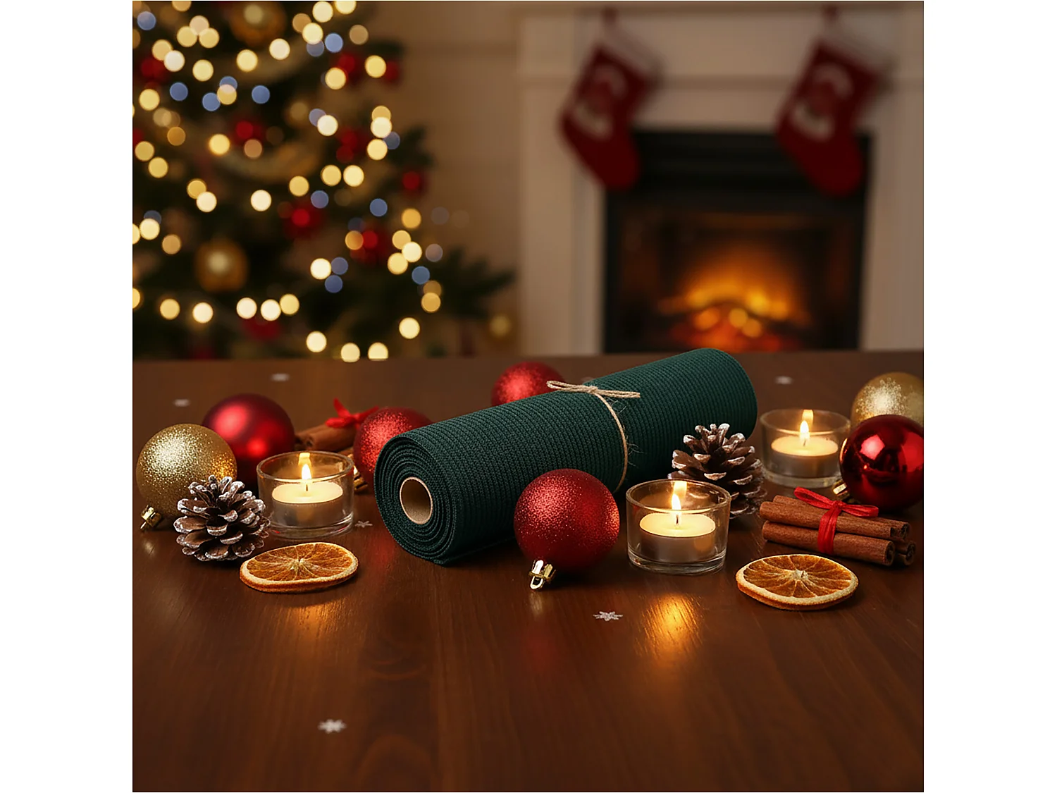 Chemin de table de Noël rayé en polyester vert 200x28 cm