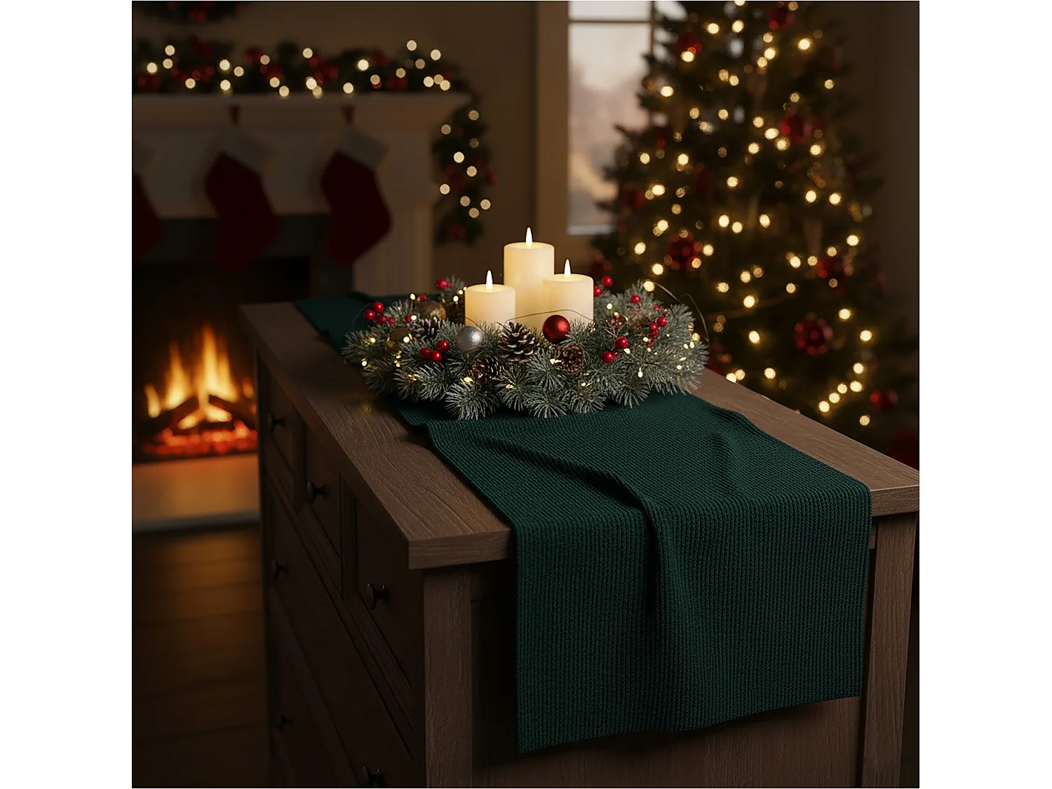 Chemin de table de Noël rayé en polyester vert 200x28 cm
