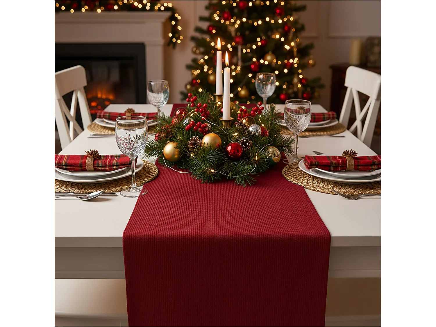 Chemin de table de Noël décoratif polyester rouge 200x28 cm