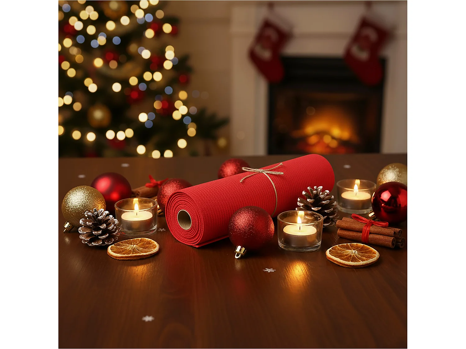 Chemin de table de Noël décoratif polyester rouge 200x28 cm