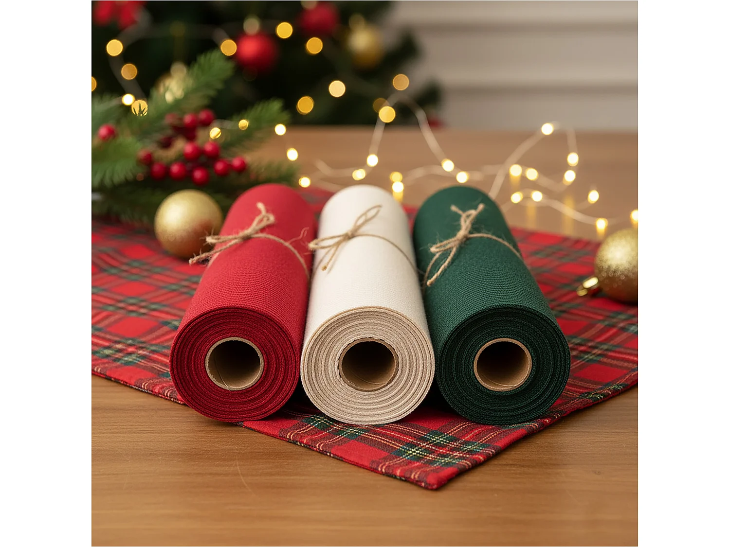 Chemin de table de Noël décoratif polyester rouge 200x28 cm