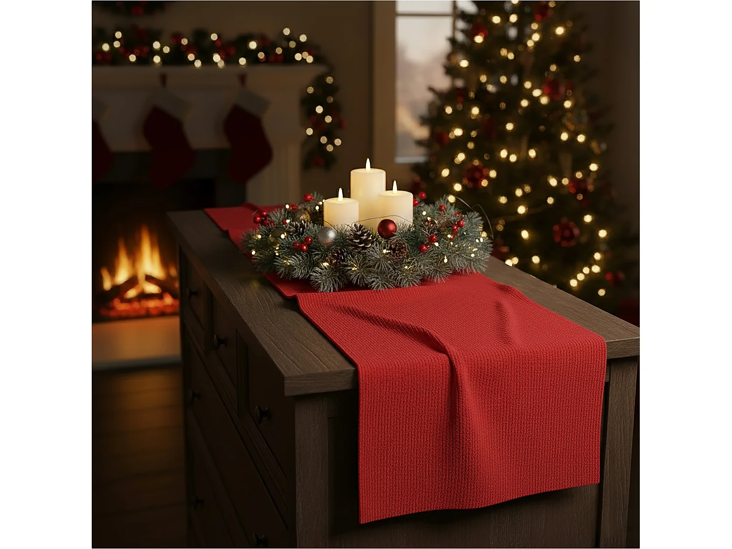 Chemin de table de Noël décoratif polyester rouge 200x28 cm