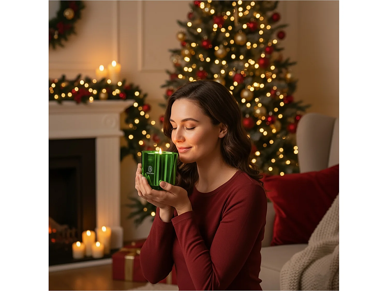 Bougie décorative de Noël en verre parfumée 40 h verte 15 cm