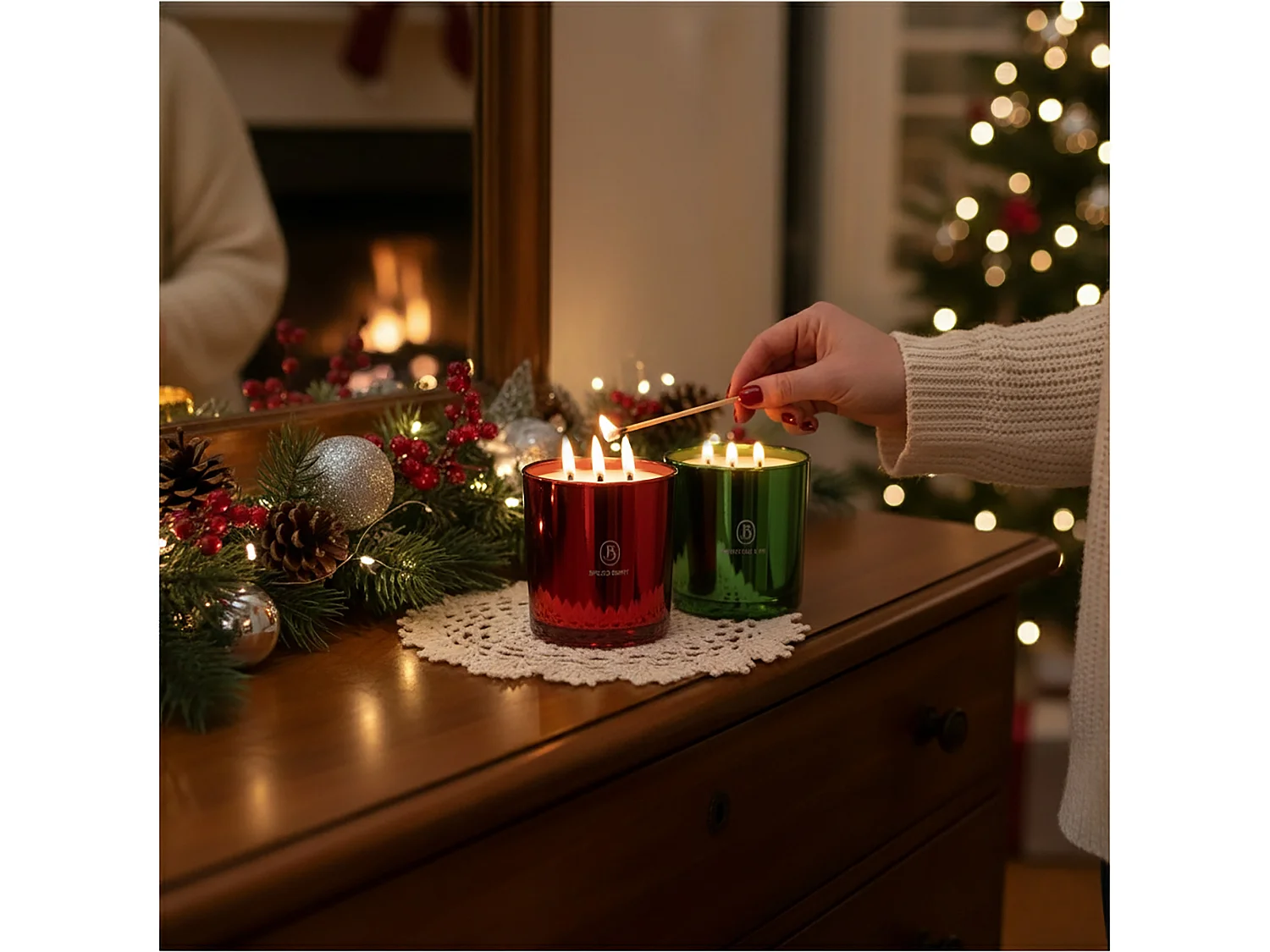 Bougie décorative de Noël en verre parfumée 40 h verte 15 cm
