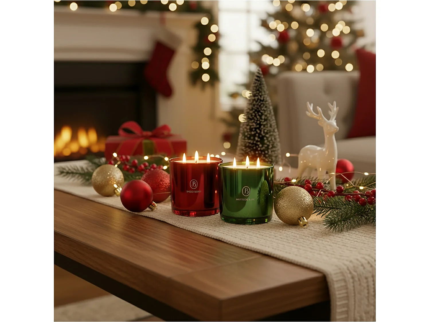 Bougie décorative de Noël en verre parfumée 40 h verte 15 cm