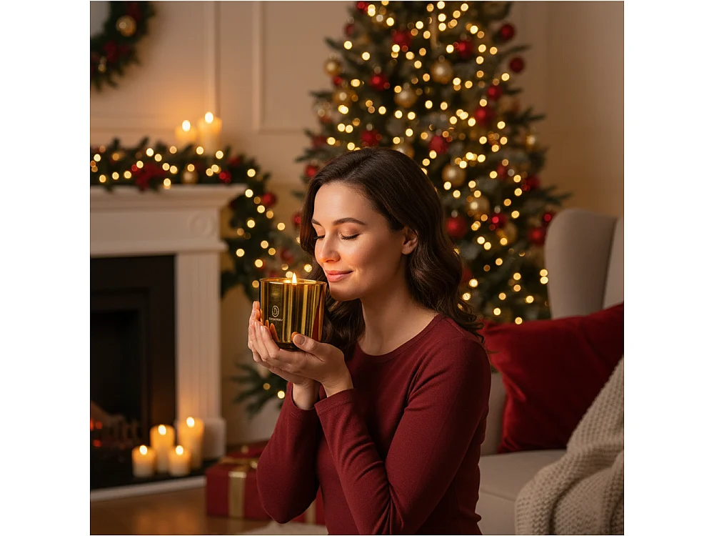 Bougie décorative de Noël en verre parfumée jaune 15x15 cm, 3 mèches