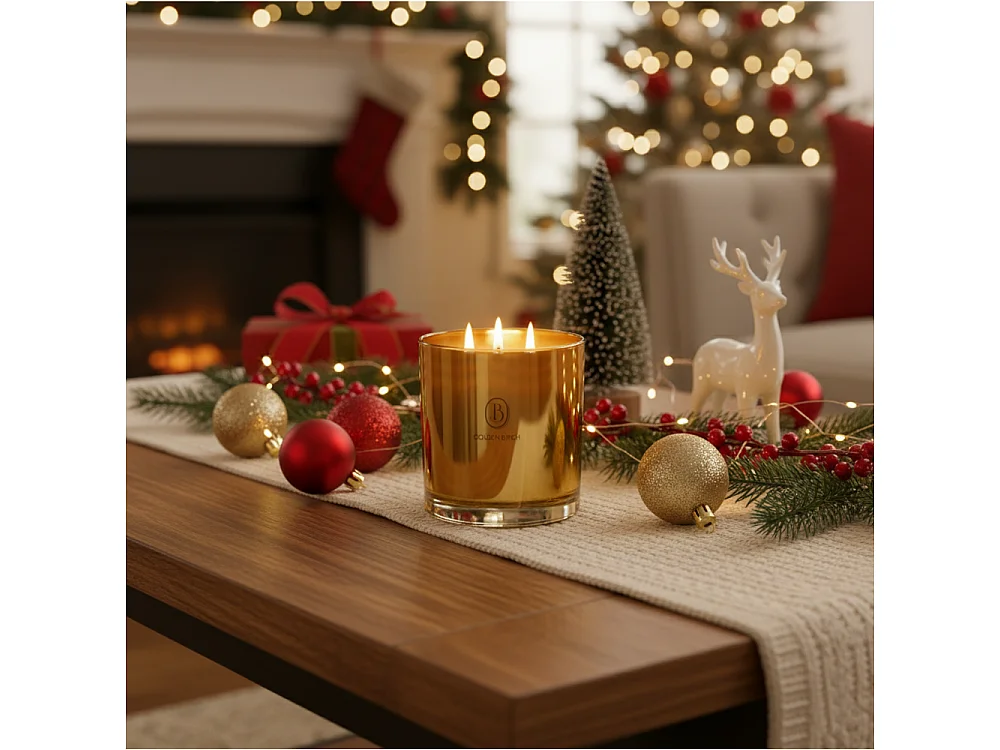 Bougie décorative de Noël en verre parfumée jaune 15x15 cm, 3 mèches
