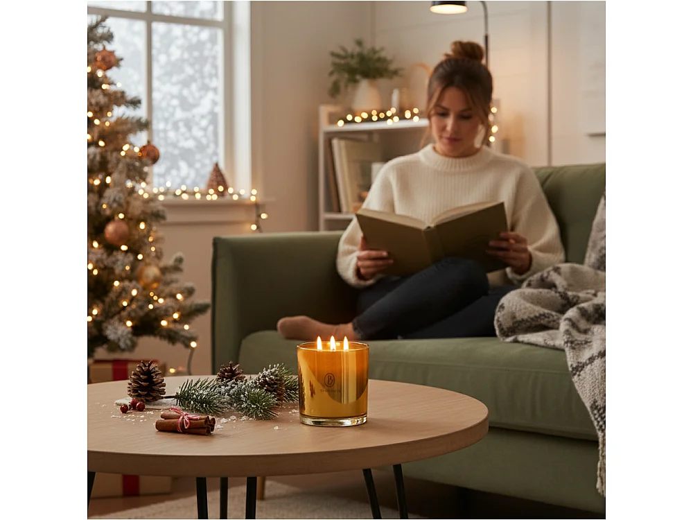Bougie décorative de Noël en verre parfumée jaune 15x15 cm, 3 mèches
