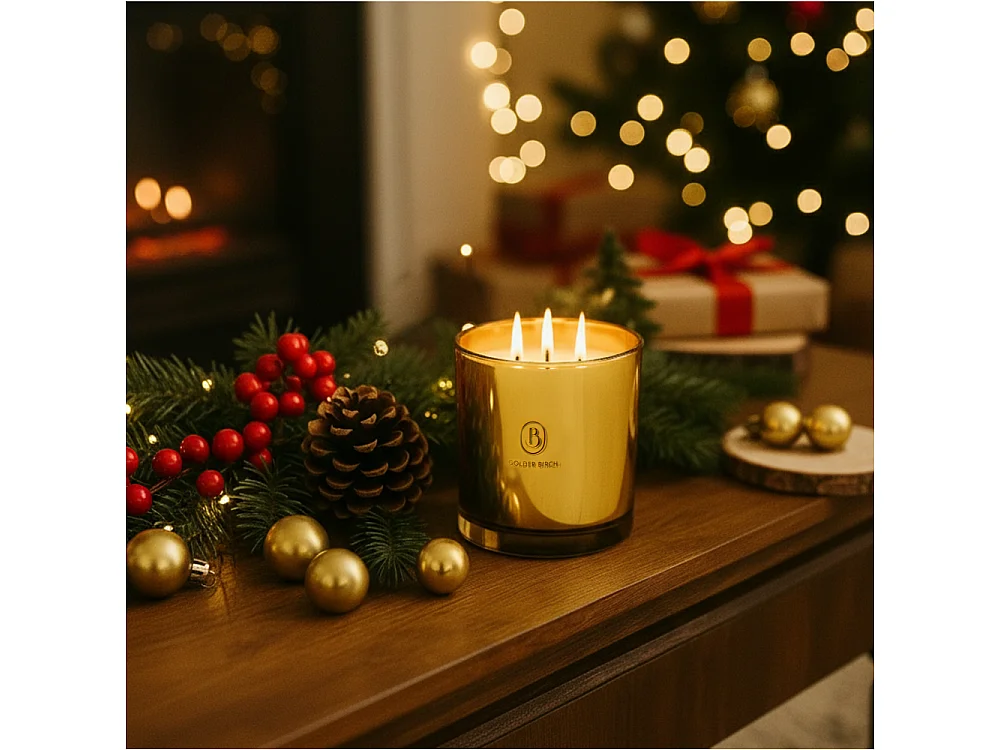 Bougie décorative de Noël en verre parfumée jaune 15x15 cm, 3 mèches