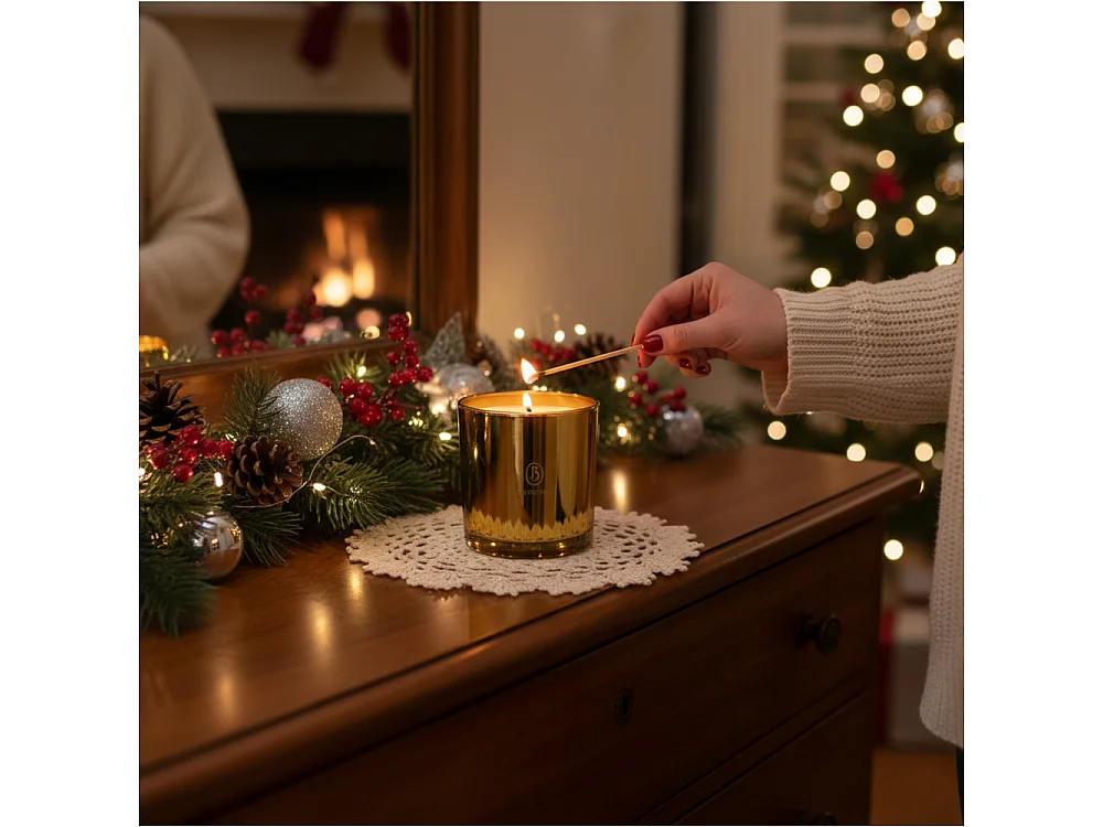 Bougie décorative de Noël en verre parfumée jaune 15x15 cm, 3 mèches