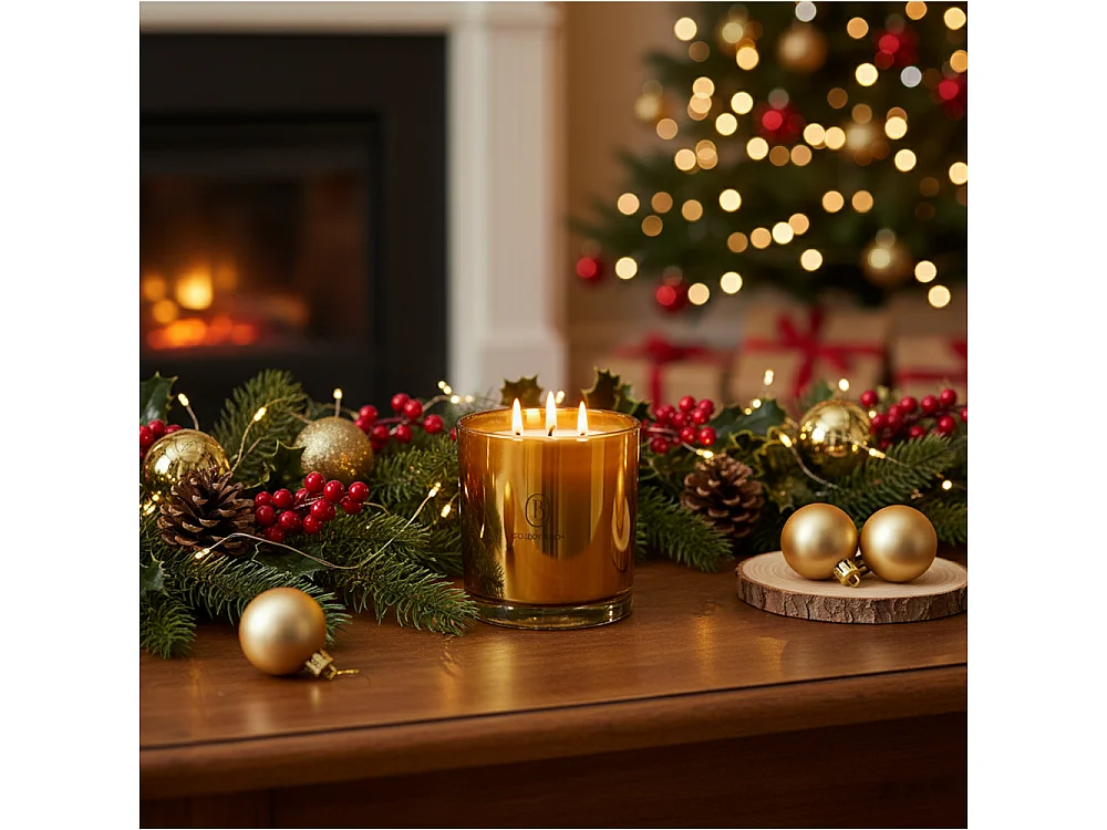 Bougie décorative de Noël en verre parfumée jaune 15x15 cm, 3 mèches