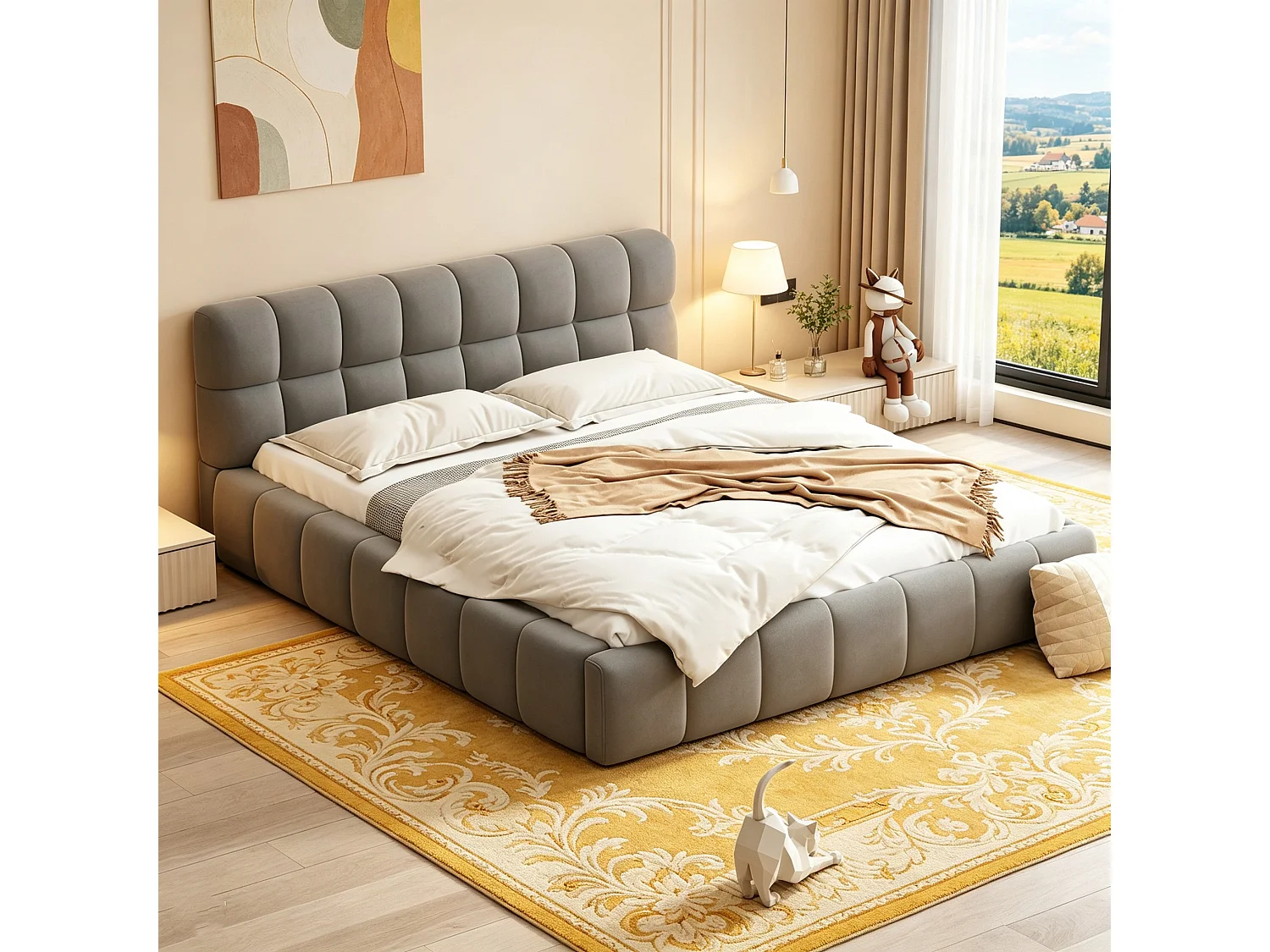Letto matrimoniale 140x190 con rete a doghe in legno - Testiera imbottita e imbottitura in schiuma - Struttura letto matrimoniale - Tessuto in lino - Grigio