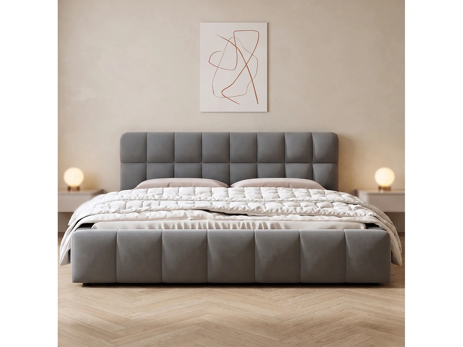 Letto matrimoniale 140x190 con rete a doghe in legno - Testiera imbottita e imbottitura in schiuma - Struttura letto matrimoniale - Tessuto in lino - Grigio