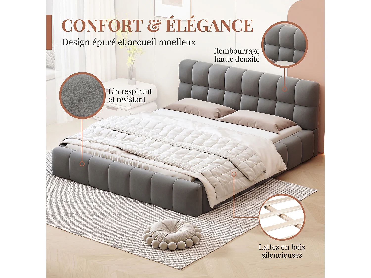 Letto matrimoniale 140x190 con rete a doghe in legno - Testiera imbottita e imbottitura in schiuma - Struttura letto matrimoniale - Tessuto in lino - Grigio
