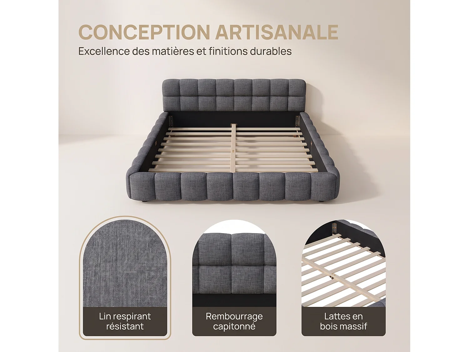 Letto matrimoniale 140x190 con rete a doghe in legno - Testiera imbottita e imbottitura in schiuma - Struttura letto matrimoniale - Tessuto in lino - Grigio