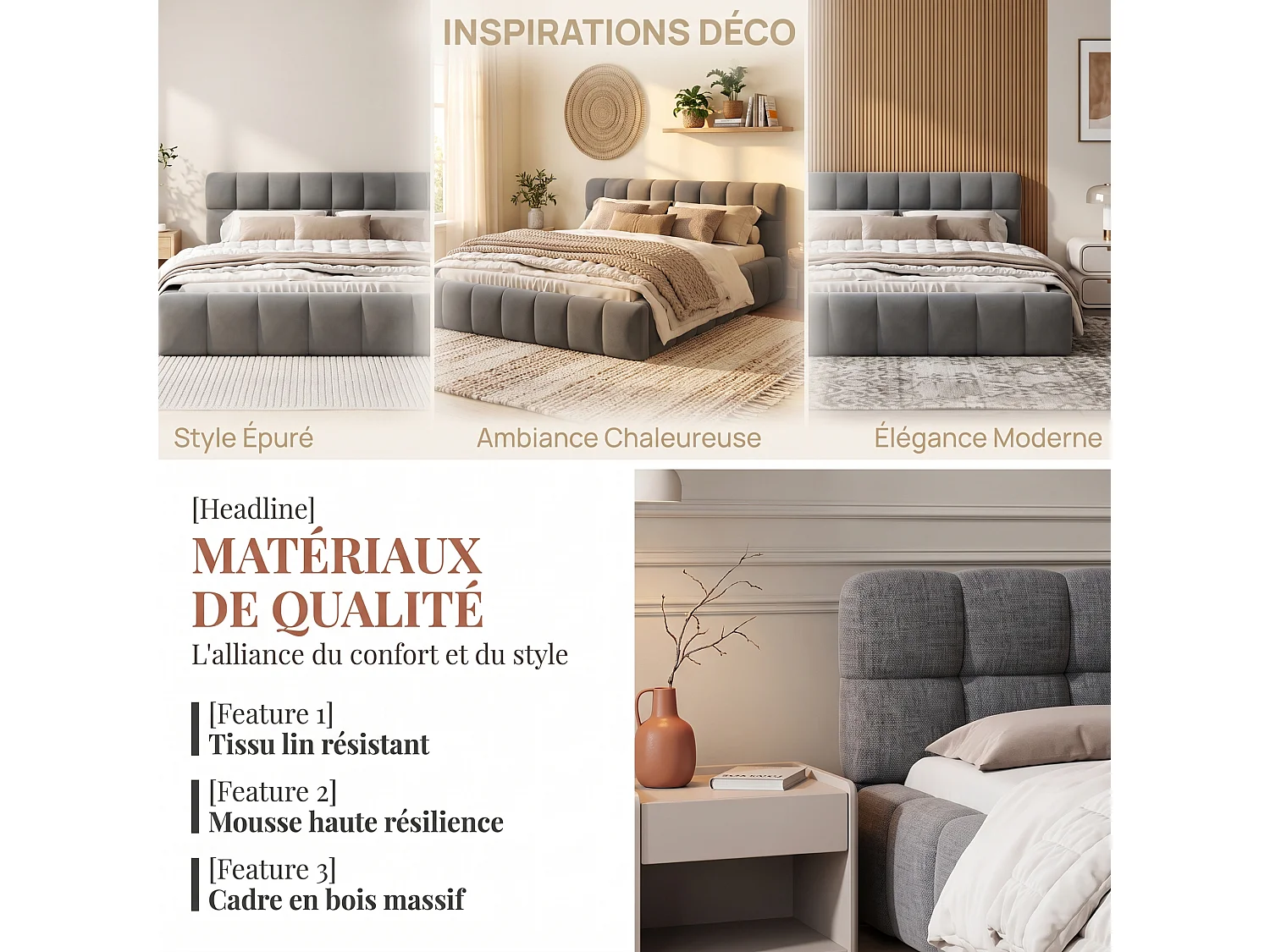 Letto matrimoniale 140x190 con rete a doghe in legno - Testiera imbottita e imbottitura in schiuma - Struttura letto matrimoniale - Tessuto in lino - Grigio