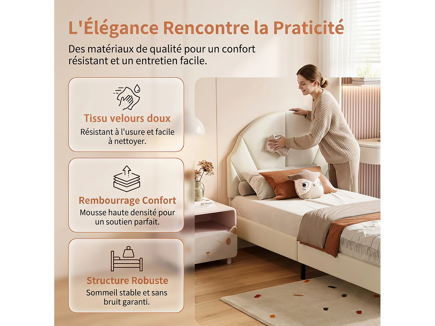 Lit Enfant 90x190cm Velours avec Tête de Lit Réglable - Cadre de Lit 1 Place avec Sommier - Structure 350 lbs - Beige