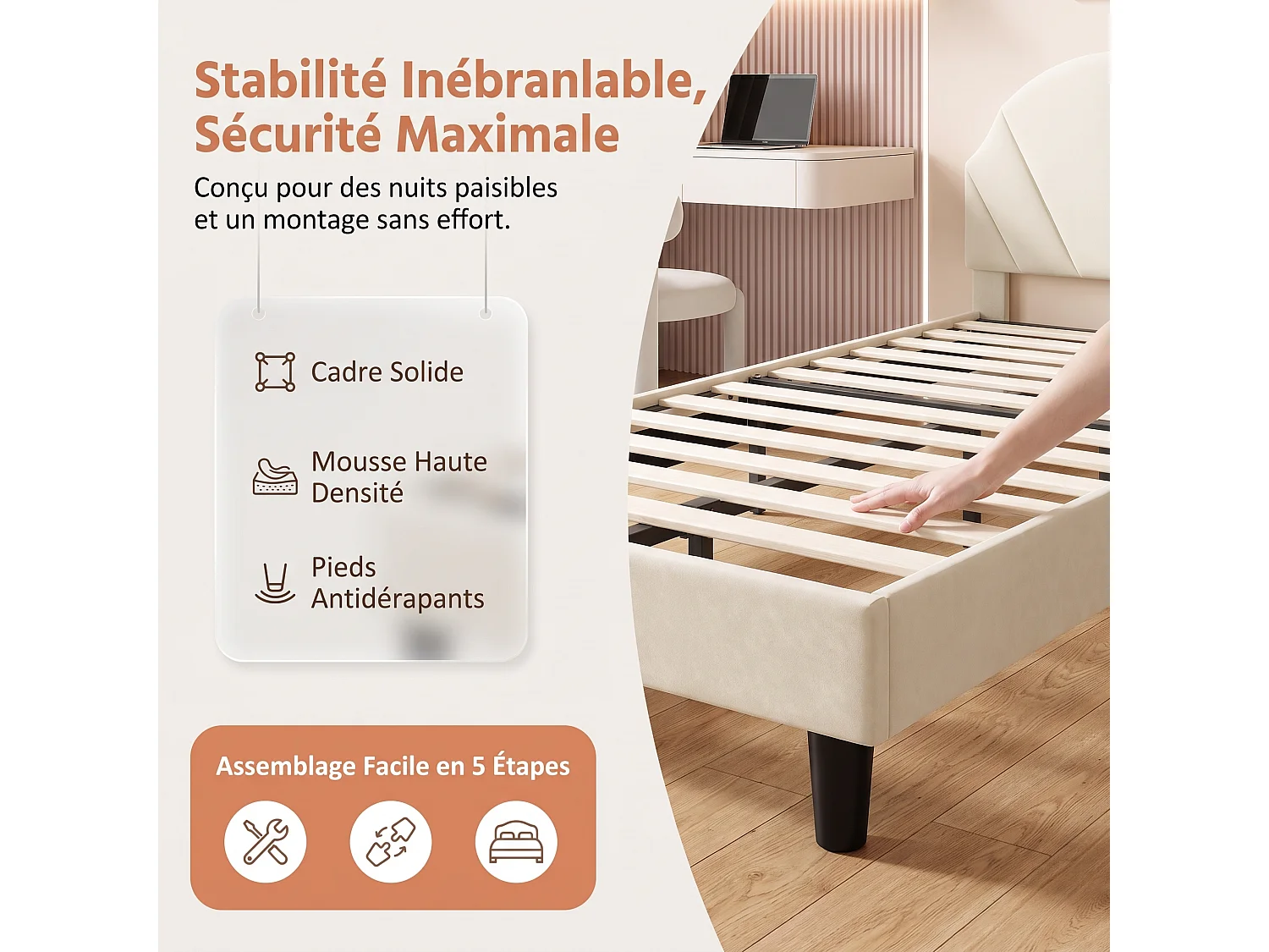 Lit Enfant 90x190cm Velours avec Tête de Lit Réglable - Cadre de Lit 1 Place avec Sommier - Structure 350 lbs - Beige