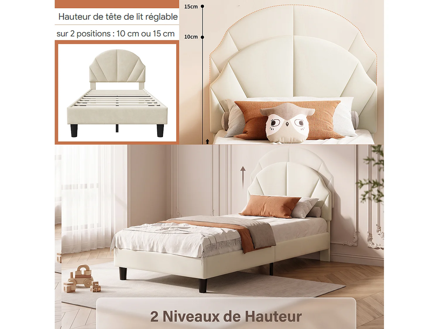 Lit Enfant 90x190cm Velours avec Tête de Lit Réglable - Cadre de Lit 1 Place avec Sommier - Structure 350 lbs - Beige