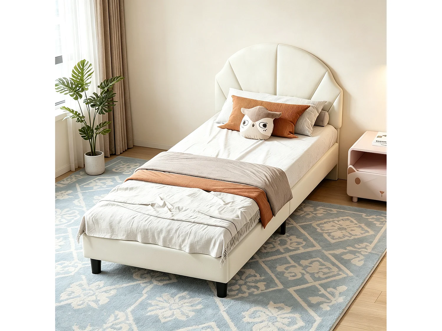 Lit Enfant 90x190cm Velours avec Tête de Lit Réglable - Cadre de Lit 1 Place avec Sommier - Structure 350 lbs - Beige