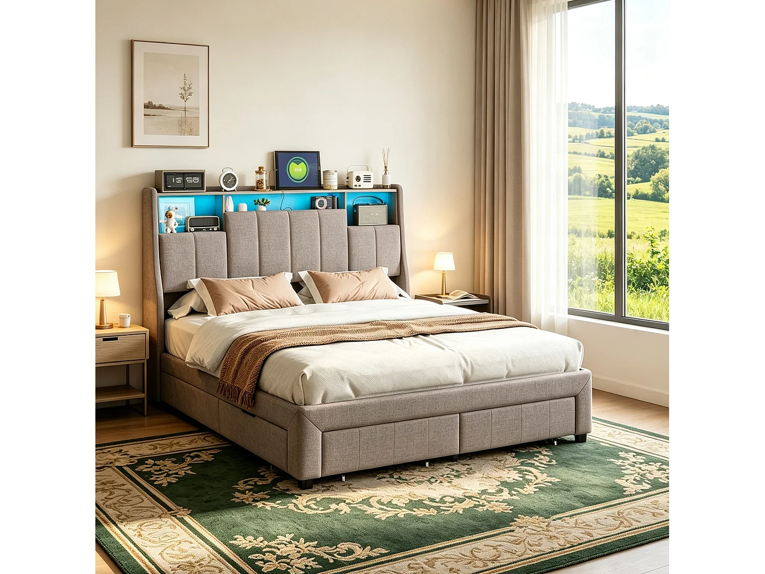 Lit Double 140x200cm avec 2 Tiroirs -20 Couleurs & 22 Modes Éclairage LED- Tête de lit avec rangement - Structure 750LBS - Lin Gris